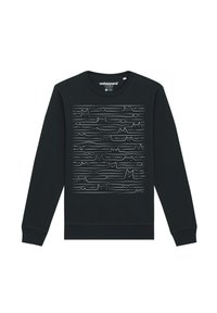 Black sweatshirt made from cotton, featuring a white line drawing of cats and abstract shapes on the front. Long sleeves and ribbed cuffs.