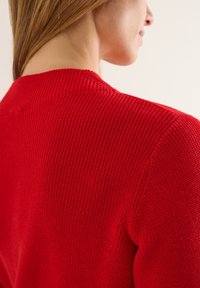 Czerwony sweter dzianinowy z teksturowanym wzorem, z ściągaczem przy szyi i krótkimi rękawami, widoczny z tyłu.