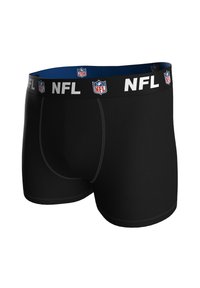 Czarne bokserki o dopasowanym kroju, z białym elastycznym paskiem z logo NFL. Gładka, elastyczna tkanina bez widocznych wzorów.