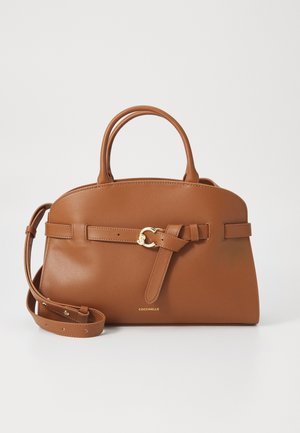 Brown leather handbag with a structured shape, featuring a gold-tone buckle and adjustable shoulder strap. Smooth texture, minimal hardware.