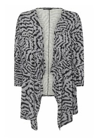 Cardigan leggero a portafoglio grigio con motivo astratto nero. Presenta maniche lunghe e una vestibilità fluida e rilassata. Tessuto morbido e testurizzato.