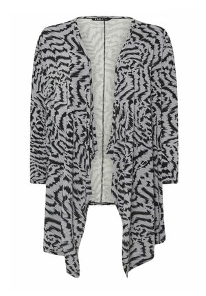 Lightweight, open-front cardigan in grey with black abstract pattern. Features long sleeves and a flowing, relaxed fit. Soft, textured fabric.