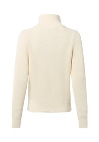 Cremefarbener Pullover mit strukturiertem Rippmuster, hohem Kragen, langen Ärmeln und figurbetonter Silhouette, mit einfarbigem Muster und minimalen Details.