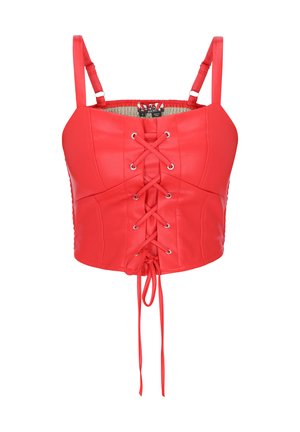 Rød cropped tanktop i imiteret læder med justerbare skulderstropper og front med krydslaget snøredetalje.
