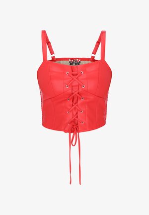 Rød cropped tanktop i imiteret læder med justerbare skulderstropper og front med krydslaget snøredetalje.