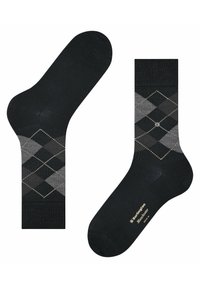 Czarne skarpetki z wzorem argyle w odcieniach szarości z złotymi akcentami. Wykonane z gładkiego materiału, idealne do codziennego lub eleganckiego noszenia.