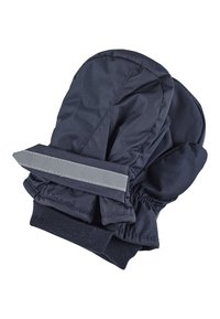 Marineblaue Fäustlinge aus weichem Stoff, mit einem grauen reflektierenden Riemen und elastischen Bündchen für einen engen Sitz. Glatte Oberfläche ohne Muster.