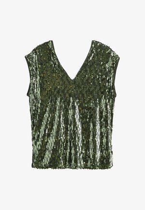 Haut vert olive à manches courtes avec un col en V, orné de paillettes brillantes disposées en rayures verticales pour ajouter de la texture et de l'intérêt visuel.