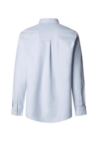 Helles blaues, langärmliges Hemd mit einem Button-Down-Kragen, Rückenschlitzdetail und geknöpften Manschetten; glattes Baumwollmaterial mit einem schlichten Design.