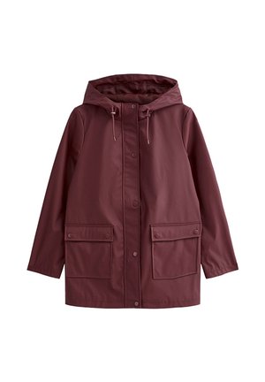 Impermeable bordeaux à boutons avec capuche, cordons de serrage réglables, manches longues et deux poches avant à rabat avec fermetures à pression.