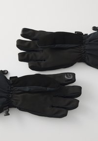 Black gloves made of a smooth, weather-resistant material; feature elastic cuffs and a textured grip on the palms and fingers.