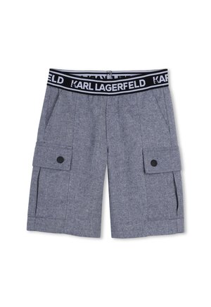 Shorts gris texturés avec poches latérales boutonnées noires et ceinture élastique noire portant le texte blanc "KARL LAGERFELD".