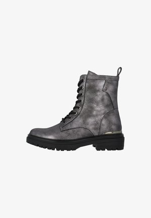 Metallic gray ankle boot with a textured finish, lace-up front, black accents, and a rugged sole; includes a small pull tab at the back.