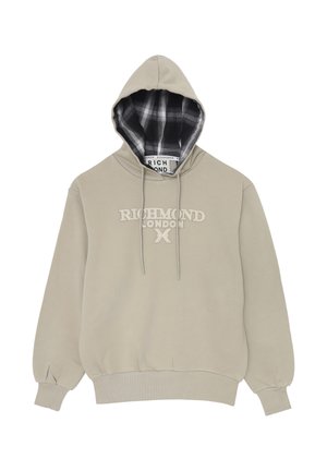 Felpa beige con il testo "Richmond London X" sul davanti, fodera del cappuccio a quadri bianco e nero e cordini.