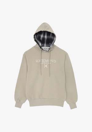 Felpa beige con il testo "Richmond London X" sul davanti, fodera del cappuccio a quadri bianco e nero e cordini.