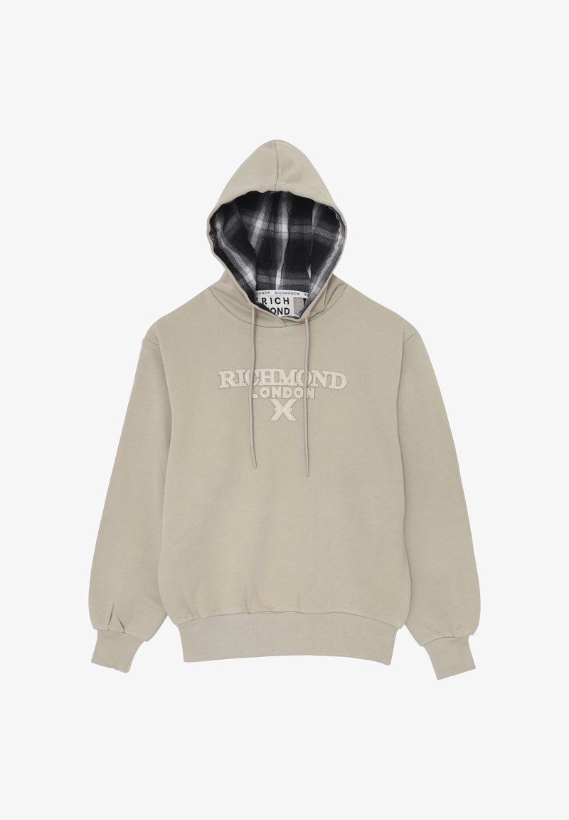 Felpa beige con il testo "Richmond London X" sul davanti, fodera del cappuccio a quadri bianco e nero e cordini.