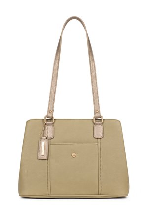 Borsa tote strutturata verde oliva realizzata in pelle martellata con due manici metallici, una tasca frontale e dettagli in oro.