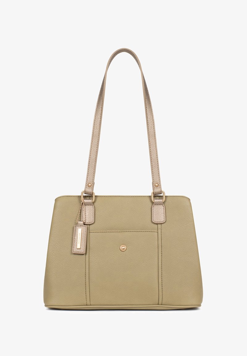 Sac cabas structuré en vert olive en cuir grainé avec deux anses métalliques, une poche avant et des détails en métal doré.