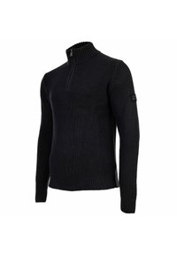 Maglione nero a maglia con mezza zip e colletto, polsini e orlo a costine, caratterizzato da una piccola patch sulla parte superiore del maniche.