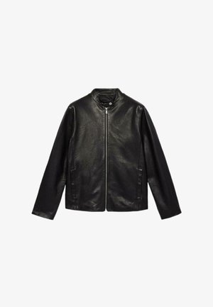 Zwarte leren jas met een rechte snit, staande kraag, ritssluiting aan de voorkant en twee zijzakken. Rechte textuur zonder zichtbare patronen.