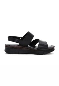 Black leather sandals with a thick sole, featuring two wide straps across the front and an adjustable back strap. Textured sole detailing.
