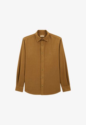 Chemise marron à manches longues en tissu doux, avec un col classique, des boutons à l'avant et un petit logo sur la poitrine.