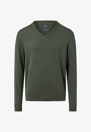 Grüner V-Ausschnitt-Pullover aus Bio-Baumwolle. Verfügt über lange Ärmel, eine weiche Textur, gerippte Bündchen und Saum sowie eine klassische Passform.