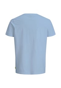 Hellblaues kurzärmeliges T-Shirt aus Baumwolle mit Rundhalsausschnitt und normaler Passform. Keine Muster oder dekorativen Details.