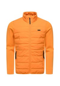 Giacca arancione con chiusura frontale a cerniera, caratterizzata da sezioni imbottite e maniche lisce. Include tasche laterali e un colletto alto.