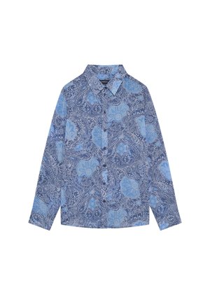 Camicia a maniche lunghe con bottoni, motivi floreali e paisley in tonalità di blu e azzurro, collo aperto e orlo dritto.