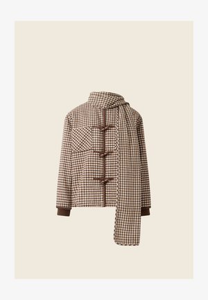 Brown and cream checkered jacket with a high collar, featuring toggle fastenings, patch pocket, and a matching scarf. Textured fabric.