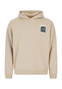 Beige hoodie met lange mouwen, voorzak met grafisch ontwerp van blauwe golven en zon. Gemaakt van zachte stof met een ontspannen pasvorm en capuchon.