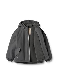 Ciemnoszara kurtka z kapturem, zapinana na zamek, z elastycznymi mankietami i podszewką z polaru. Posiada boczną kieszeń oraz metkę wewnątrz.