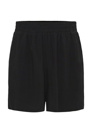 Čierne šortky s elastickým pásom, voľným strihom a hladkou látkou, s bočnými vreckami a miernym nariasením v páse.