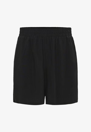 Pantalones cortos negros con cintura elástica, corte holgado y tela suave, que cuentan con bolsillos laterales y un ligero frunce en la cintura.