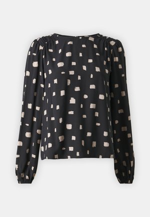 Blusa preta com mangas longas bufantes e decote redondo, adornada com um padrão quadrado bege e detalhes franzidos nos ombros.