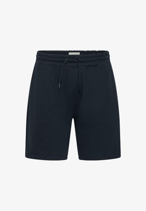 Svarte bomullsshorts med elastisk midjebånd og snor, knelengde, enkelt design, forfra på hvit bakgrunn.
