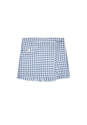 Shorts en vichy bleu et blanc avec un ourlet effiloché, comportant une petite poche à l'avant et un design croisé. Tissu texturé.
