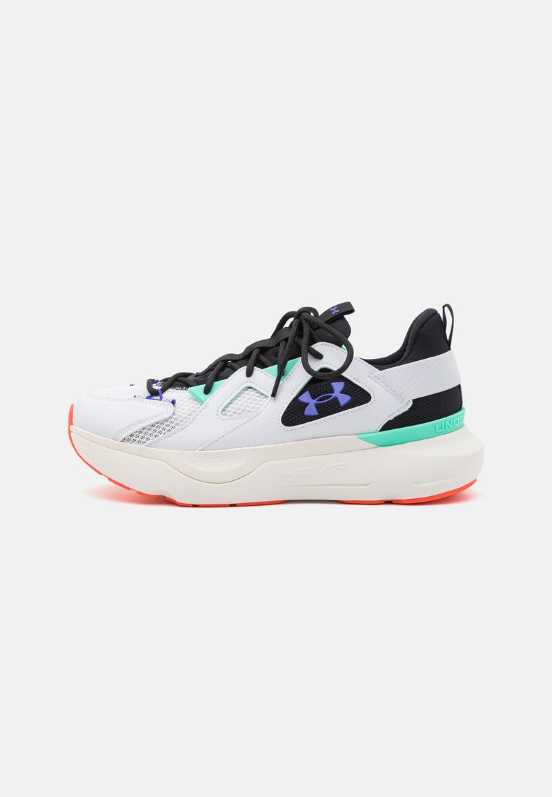 White athletic shoe with black accents, mesh upper, and turquoise details. Features a chunky sole with red rubber traction. Laces are black.