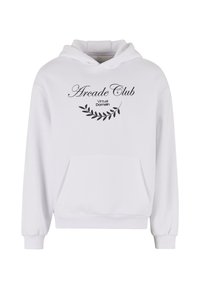 Felpa bianca con cappuccio, tasca frontale, cordoncino e testo stampato nero "Arcade Club" con un design a foglia e "Virtual Domain."