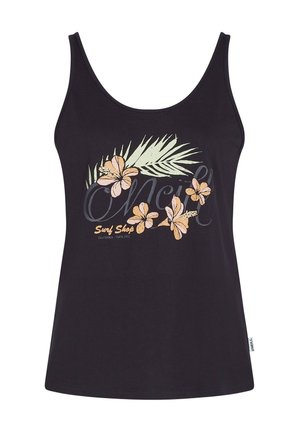 Black tank top featuring a floral design with pink and yellow flowers and green leaves, along with white and grey text, “O’Neill Surf Shop.”