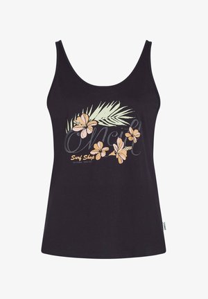 Schwarzes Tanktop mit floralen Motiven in Pink und Gelb sowie grünen Blättern, dazu weiße und graue Schrift mit "O’Neill Surf Shop."