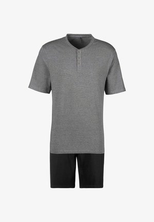 Graues Kurzarm-Henley-Shirt mit Knopfleiste und schwarzen Shorts. Hergestellt aus weicher Baumwolle, mit gestreifter Textur und lockerer Passform.
