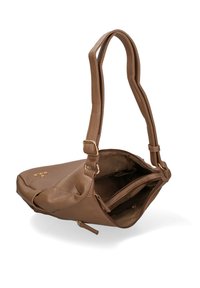 Borsa in pelle marrone con superficie texturizzata, scomparto principale con zip e tracolla regolabile. Presenta dettagli in metallo color oro.