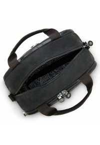 Black fabric bag with dual zippers, short handles, and a patterned interior lining. Features a rectangular shape with smooth texture.