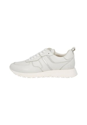 White leather sneakers with light gray accents, rounded toe, thick white rubber sole, and lace-up design. Includes rear pull tab.