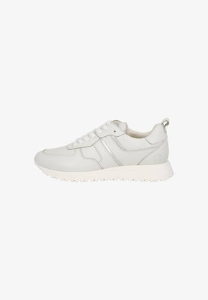 White leather sneakers with light gray accents, rounded toe, thick white rubber sole, and lace-up design. Includes rear pull tab.