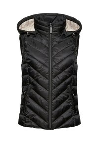 Veste noire sans manches matelassée avec capuche, fermeture éclair avant et deux poches latérales, dotée de surpiqûres en chevrons et de cordons de capuche réglables.