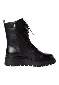 Botte de combat en cuir noir avec semelle épaisse, fermeture éclair latérale et lacets à l'avant, vue de côté extérieur sur fond blanc.