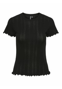 Svart kortermet topp laget av teksturert strikket stoff, med vertikale striper og bølget kant. Rund hals og tettsittende design.